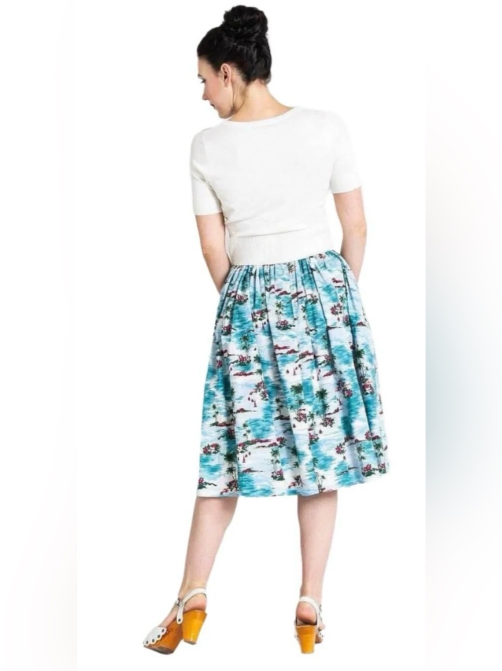 Hell Bunny Nissi 50”s retro aqua tropical cotton print skirt/pockets. Sz Small - Picture 4 of 12